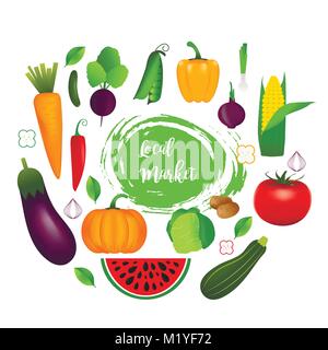 Collection of realistic healthy vegetables  such as: carrot, tomato, pepper, eggplant, pumpkin, marrow, zucchini. Quality vector banner about diet, ec Stock Vector