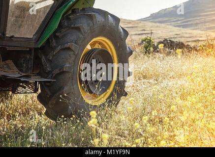 Agricultural Tractor Tyre in  yellow flower field. Landscape Photography. Stock Photo