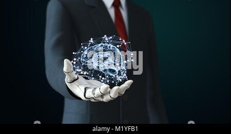 Robot in suit holdng artificial intelligence. 3D illustration Stock Photo