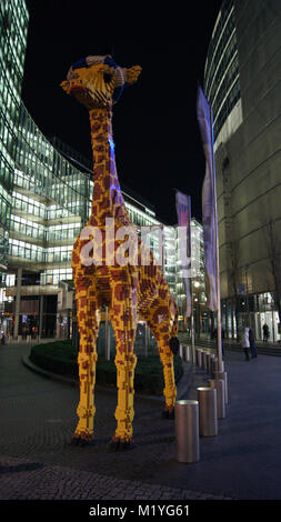 BERLIN, GERMANY - JAN 17th, 2015: A figure of a giraffe made out of LEGO in the Legoland Discovery Centre in the Sony Center on Potsdamer Platz Stock Photo