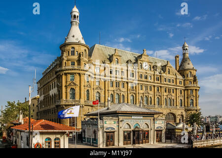 Haydarpasa Railway Station, in Kadikoy, Istanbul, built by the Germans in WWII, with the original Ottoman Ferry station in the foreground. Stock Photo