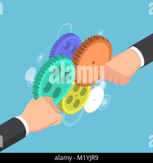 Flat 3d isometric businessman hands connecting gear together. Business and teamwork concept. Stock Vector