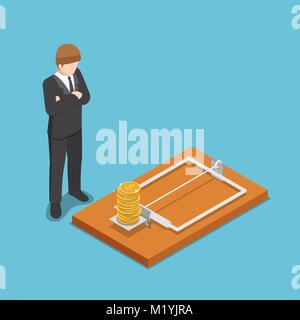 Flat 3d isometric businessman looking at dollar coin on mousetrap. Business and money trap concept. Stock Vector