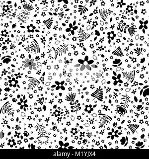 trendy seamless pattern with abstract flowers and leaves in black and white, design for children or spring floral decoration Stock Vector