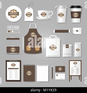 Corporate identity template. Logo concept for coffee shop, cafe, restaurant. Realistic mock up template set of menu, package, cup, apron, bag, tag, ca Stock Vector