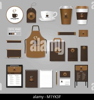 Corporate identity template. Logo concept for coffee shop, cafe, restaurant. Realistic mock up template set of menu, package, cup, apron, bag, tag, ca Stock Vector