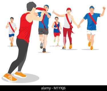 EKIDEN MARATHON WAS BORN IN JAPAN, THE RELAY RUNNERS HAND OVER THEIR SASH TO THE NEXT RUNNER. Stock Vector