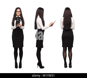 Smart caucasian businesswoman in formal wear using tablet, front, side, back view, isolated on white Stock Photo