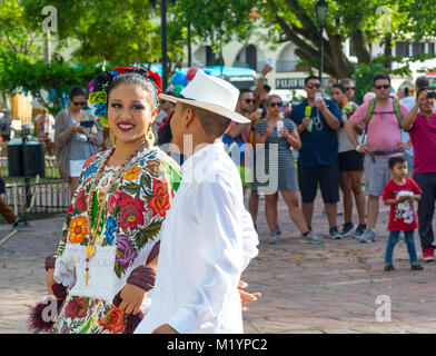 Valladolid, Yucatan, Mexico, Mexican dancers at Parque Principal Francisco Cantón Rosado that is a principal park of Valladolid Stock Photo