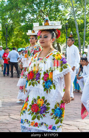 Valladolid, Yucatan, Mexican female dancers with hupil costume at Parque Principal Francisco Cantón Rosado that is a principa Stock Photo