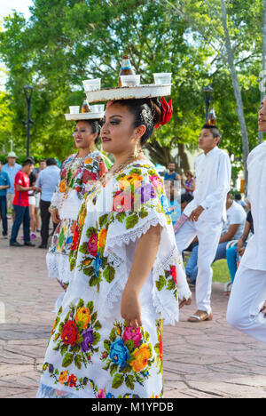 Valladolid, Yucatan, Mexican female dancers with hupil costume at Parque Principal Francisco Cantón Rosado that is a principa Stock Photo