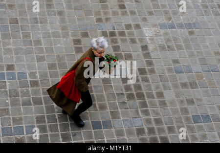 Woman with red bag carrying pot plant on paving stones, high angle Stock Photo