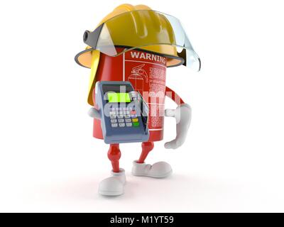 Fire extinguisher character holding a credit card reader isolated on white background Stock Photo