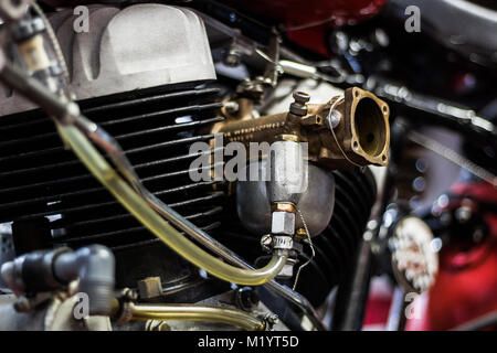 inside a motorcycle garage that builds vintage harleys Stock Photo