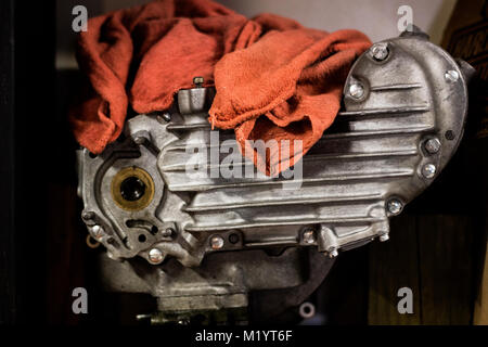 inside a motorcycle garage that builds vintage harleys Stock Photo