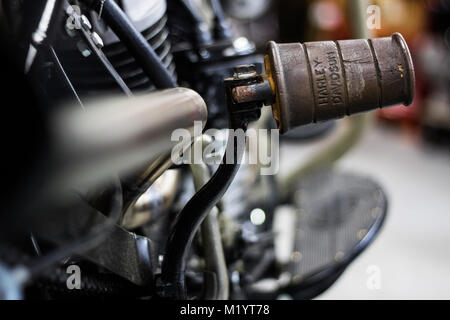 inside a motorcycle garage that builds vintage harleys Stock Photo