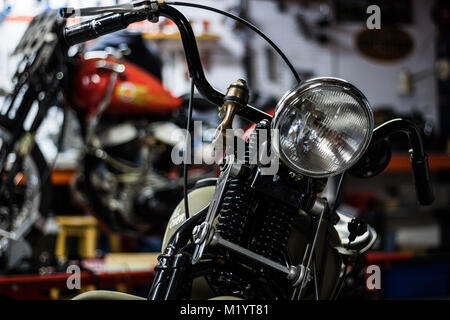 inside a motorcycle garage that builds vintage harleys Stock Photo