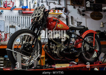 inside a motorcycle garage that builds vintage harleys Stock Photo