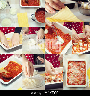 Collage of Preparation lasagna. Italian pasta recipe with tomato sauce and minced meat. Stock Photo