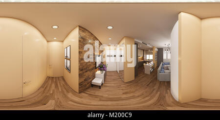 3d illustration of a seamless 360 degrees panorama of the interior of the hall and living room. The interior design of the euro is a two room apartmen Stock Photo