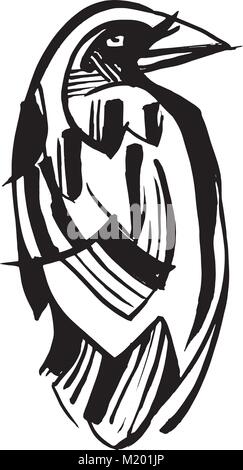 Hand drawn vector ink illustration or drawing of a black raven Stock Vector