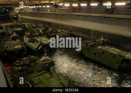 180202-N-NB544-300 WHITE BEACH, Okinawa (Feb. 2, 2018) Amphibious assault vehicles (AAV) attached to the 3d Marine Division (MARDIV) fill the well deck of the amphibious assault ship USS Bonhomme Richard (LHD 6). Bonhomme Richard is operating in the Indo-Asia-Pacific region as part of a regularly scheduled patrol and provides a rapid-response capability in the event of a regional contingency or natural disaster. (U.S. Navy photo by Mass Communication Specialist 2nd Class Kyle Carlstrom/Released) Stock Photo