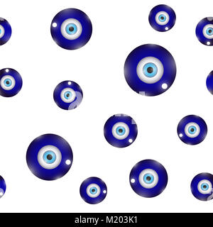 Glass Evil Eye Symbol Seamless Pattern on White Background. Turkish Traditional Amulet. Nazar Protection Talisman Stock Photo