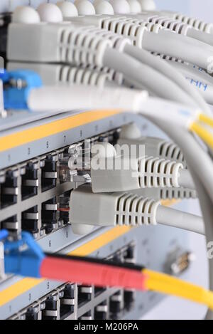 Optic fiber and network cables connected to switch in data center, internet network technology Stock Photo