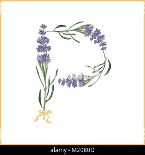 Letter P monogram. Retro sign alphabet with lavender flower initial Stock Vector