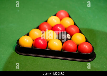 Pool balls set up in the triangle ready on the green cloth Stock Photo