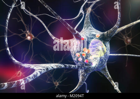Parkinson's disease nerve cells. Computer illustration of human nerve cells affected by Lewy bodies (small red spheres inside cytoplasm of neurons) in the brain of a patient with Parkinson's disease. Lewy bodies are abnormal accumulations of protein that develop inside nerve cells in Parkinson's disease, Lewy Body Dementia, and some other neurological disorders. Stock Photo