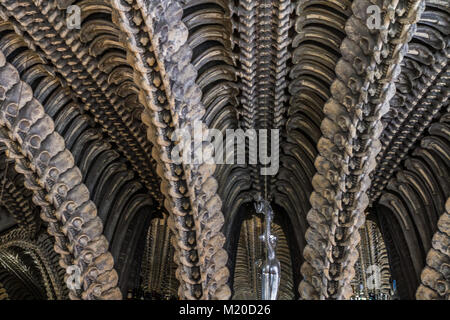 View of the interior of the HR Giger Bar in the small Castle Village of Gruyeres. This artist was famous for blockbuster movies such as Alien Stock Photo