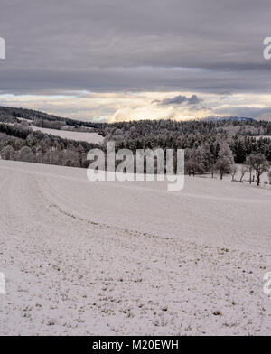 Winter color outdoor rural  landscape countryside photo over a snow field with trees,forest and a view towards mountains called Rax on the horizon Stock Photo