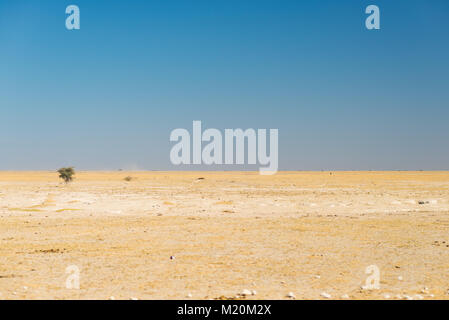 Kalahari desert, salt flat, no where, empty plain, clear sky, road trip in Botswana, travel destination in Africa. Stock Photo