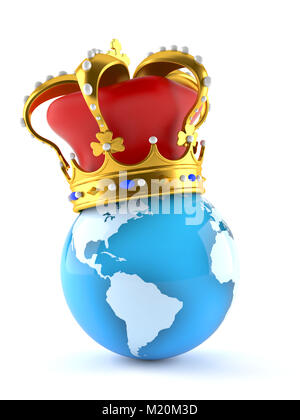 Golden crown on the earth globe isolated on white background 3d Golden crown on the earth globe isolated on white background 3d