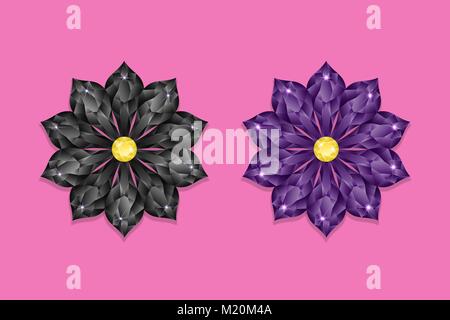 Black and Dark Purple Diamond Flower. Vector Illustration of Abstract Brilliant Flower with Shiny Glares, on the Pink Background. Luxury Jewelry Flowe Stock Vector
