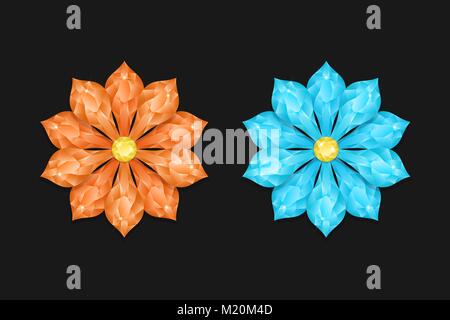 Orange and Light Blue Diamond Flower. Vector Illustration of Abstract Brilliant Flower with Shiny Glares, on the Black Background. Luxury Jewelry Flow Stock Vector
