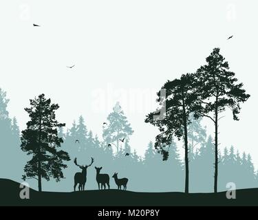 Landscape with forest, deer and flying birds - vector Stock Vector