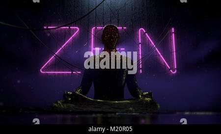 bio tech cyberpunk human figure sitting in lotus on urban futuristic background with hanging wires and purple neon letters zen on the wall 3d render illustration Stock Photo