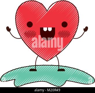 heart character kawaii cheerful expression in colored crayon silhouette Stock Vector