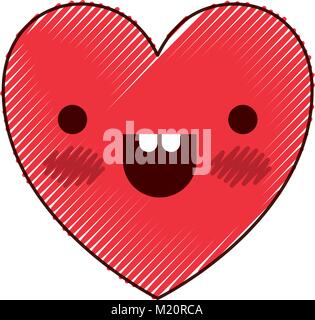 heart kawaii in cheerful expression in colored crayon silhouette Stock Vector