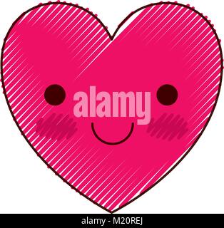 heart kawaii in smiling expression in colored crayon silhouette Stock Vector