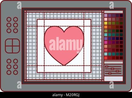 digitizer tablet with colours palette and heart design in colorful silhouette with thin red contour Stock Vector