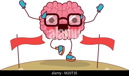 brain cartoon with glasses running and passing the finish line with funny expression in colorful silhouette with brown contour Stock Vector