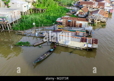 Chau Doc, Vietnam - Sep 3, 2017. Floating village on Bassac River in Chau Doc, Southern Vietnam. Chau Doc is a city in the heart of the Mekong Delta,  Stock Photo