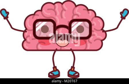 brain cartoon with glasses and cheerful expression in colorful silhouette with brown contour Stock Vector