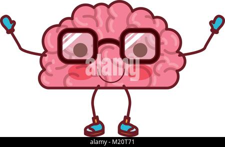 brain cartoon with glasses and calm expression in colorful silhouette with brown contour Stock Vector