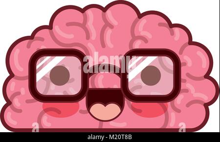 brain character with glasses and cheerful expression in colorful silhouette with brown contour Stock Vector