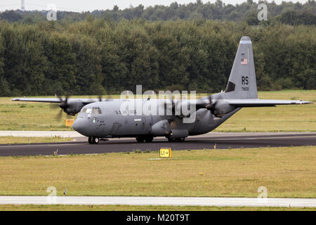EINDHOVEN, THE NETHERLANDS - SEP 17, 2016: United States Air Force Lockheed C-130 Hercules transport plane based on Ramstein airbase about to take off Stock Photo
