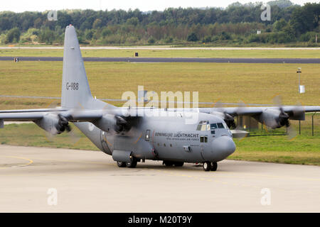 EINDHOVEN, THE NETHERLANDS - SEP 17, 2016: Royal Netherlands Air Force Lockheed C-130 Hercules cargo plane taxiing to the runway of Eindhoven Airport. Stock Photo
